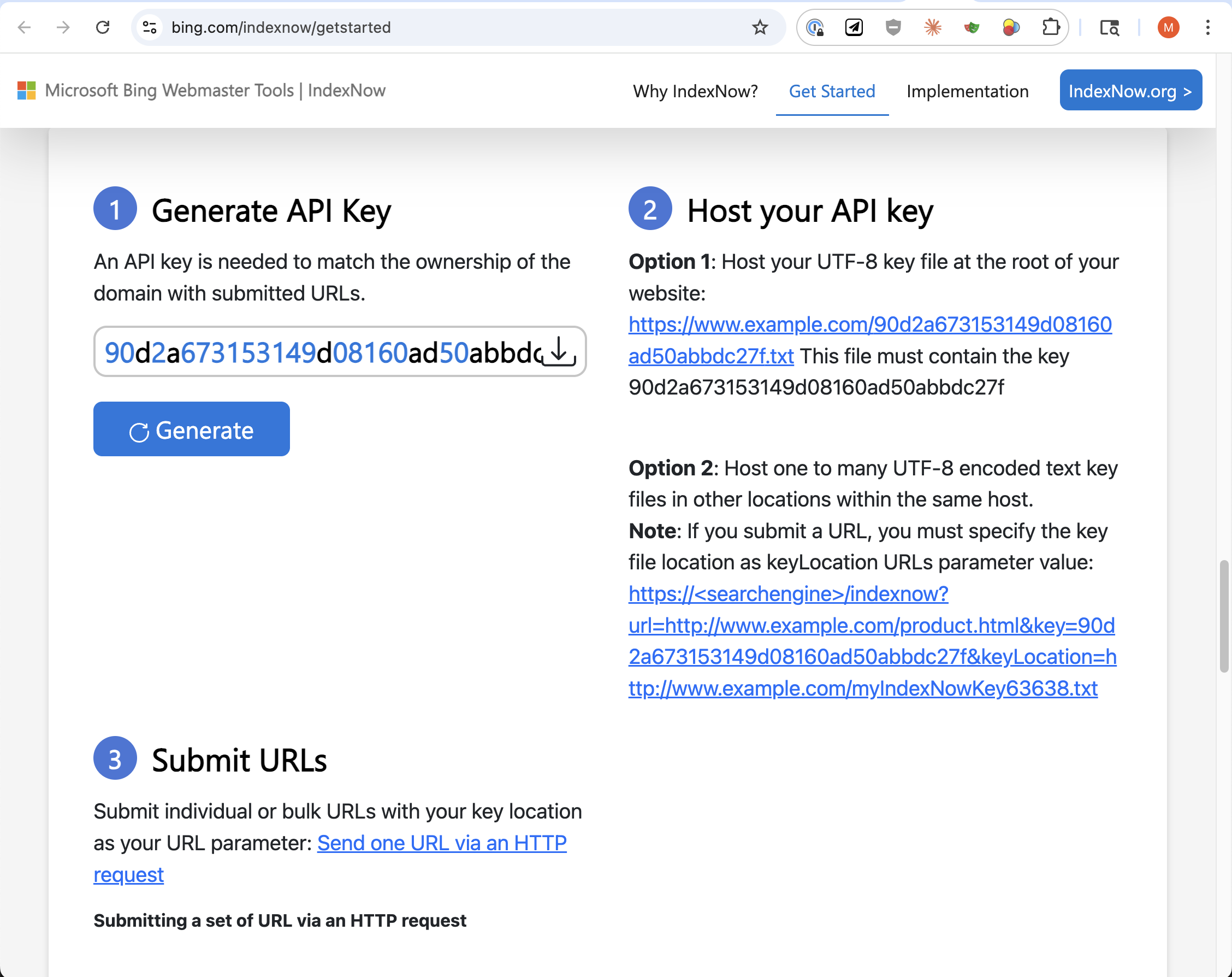 Bing IndexNow setup showing the 3-step process