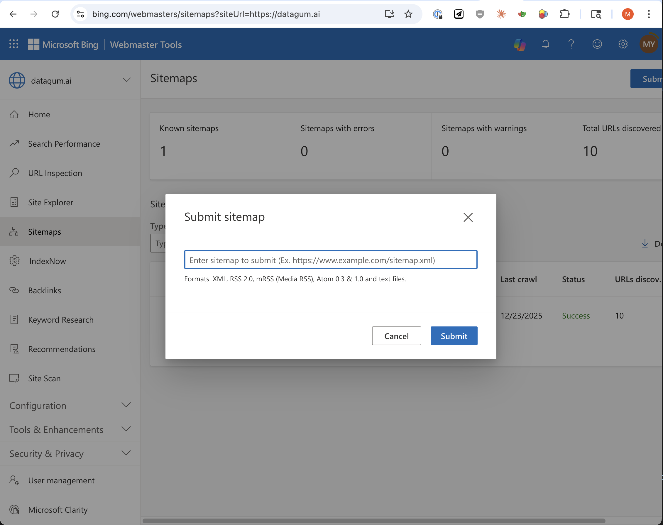 Bing Webmaster Tools sitemap submission dialog